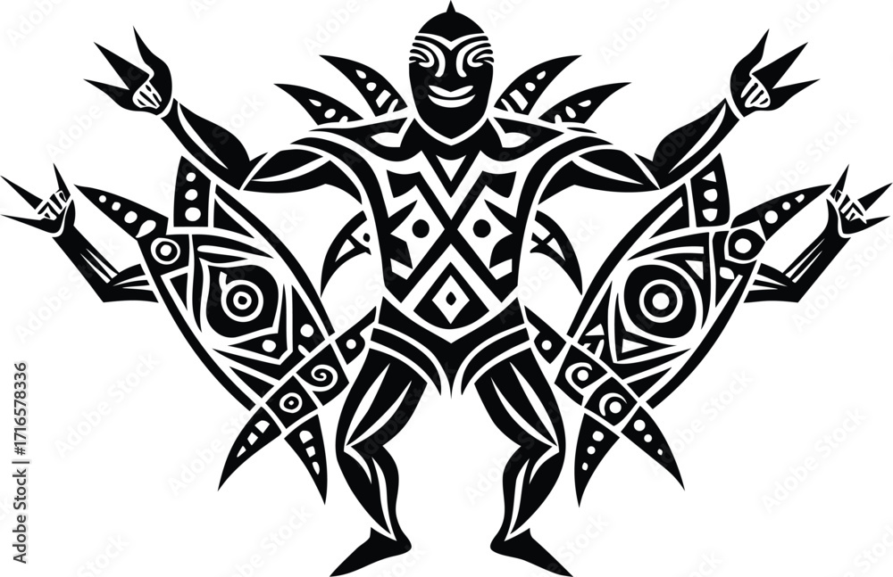 Obraz premium Illustration of a tribal warrior with outstretched arms and tribal designs