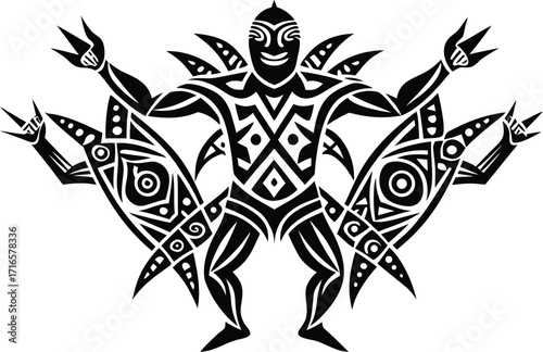 Illustration of a tribal warrior with outstretched arms and tribal designs