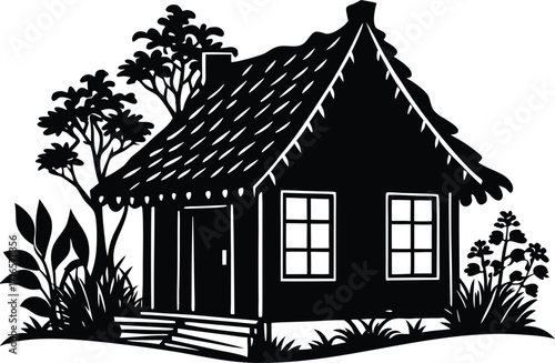 Illustration of a small house with trees and plants, a cozy home