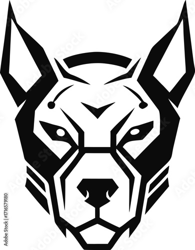 Geometric black and white illustration of a dog's head with sharp lines and angular features animal