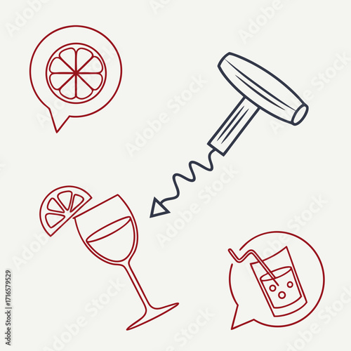 Line art of cocktail making equipment with speech bubbles and arrows