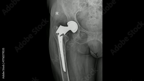 Post-operative pelvic X-ray showing total hip replacement on right side – femoral and acetabular components