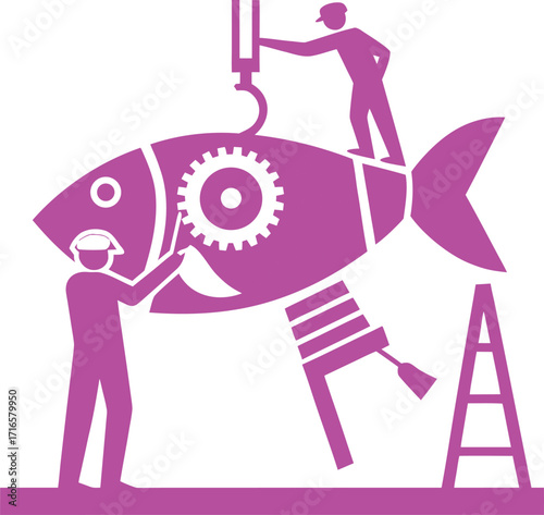Pink stylized figures assemble a large fish with gears and mechanical parts using a crane and ladder