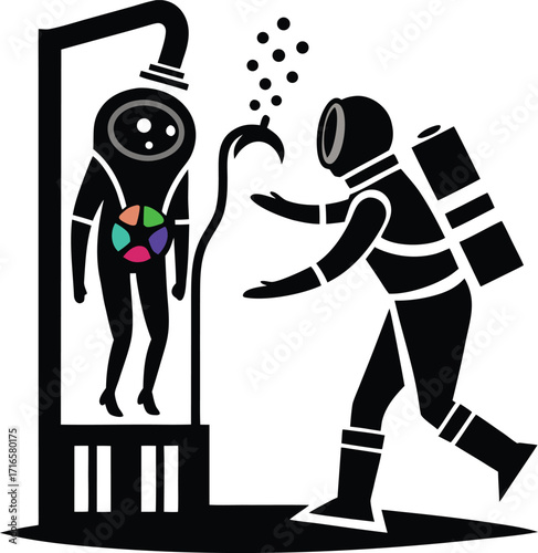 Sci Fi Scene with a Diver in a Diving Suit and a Figure in a Futuristic Pod with Colorful Core Keywords: sci fi, science fiction, futuristic, diver, diving suit, helmet, scuba, astronaut, space