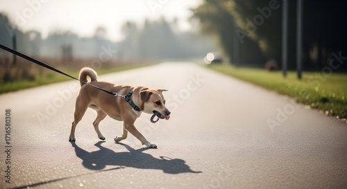 A light brown dog walks on a paved road with a leash carrying a toy in its mouth