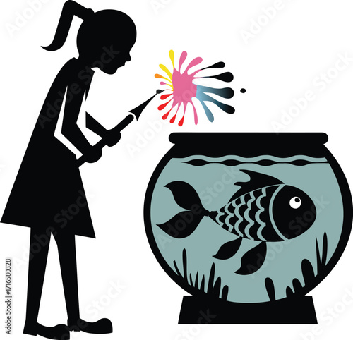 Silhouette of a girl painting a fish in a fishbowl with colorful ink splatters child drawing