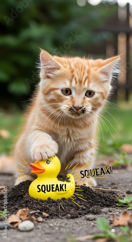 Orange tabby kitten plays with yellow rubber duck toy in dirt cat animal