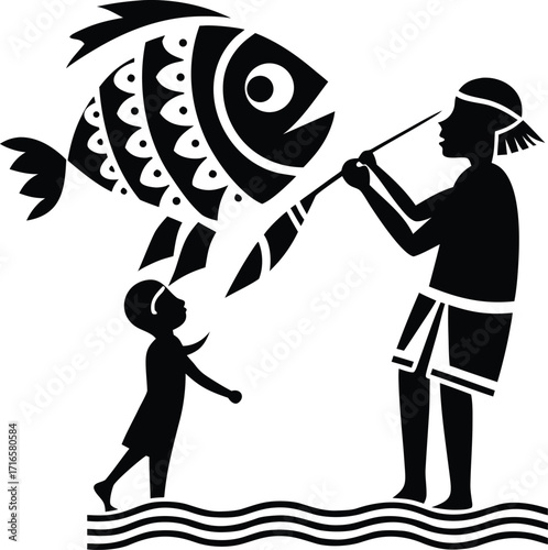 Silhouette of an adult and child fishing for a large stylized fish in wavy water ocean