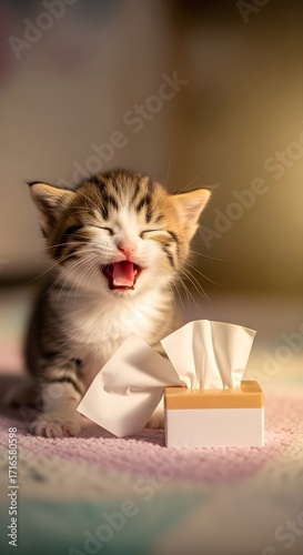 Small tabby kitten yawning widely next to a tissue box on a soft textured surface