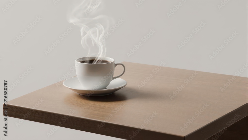 Obraz premium Steaming cup of hot coffee on a minimalist wooden table, inviting morning warmth and focus.