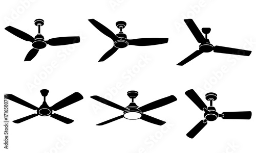 Ceiling Fan Silhouette Set Modern and Classic Black Vector Icons