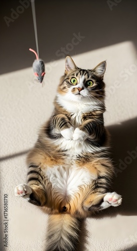 A curious fluffy tabby cat with green eyes looks up at a dangling toy mouse