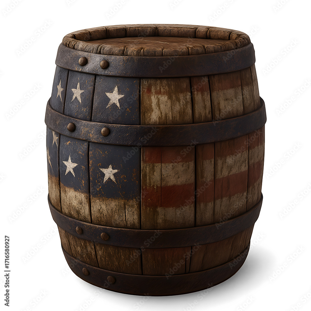 Fototapeta premium Rustic Wooden Barrel Painted with American Flag Design