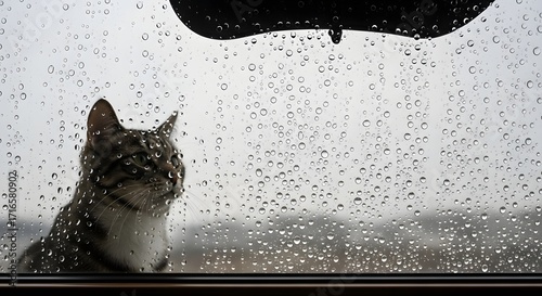 A tabby cat with green eyes looks out a window covered in rain droplets