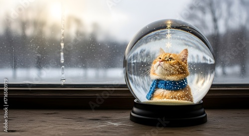 An orange tabby cat wearing a blue scarf inside a snow globe with snow falling outside the window