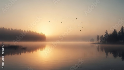 Tranquil sunrise over misty lake with birds flying, a serene escape for peaceful contemplation and nature lovers.