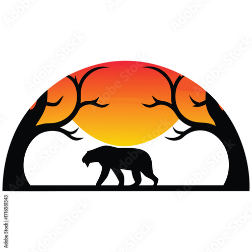 Black panther walking under sunset sky framed by trees