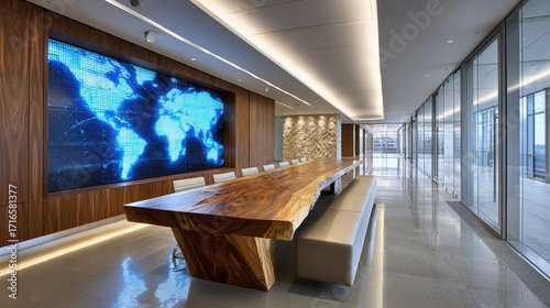 Modern office conference table with world map display