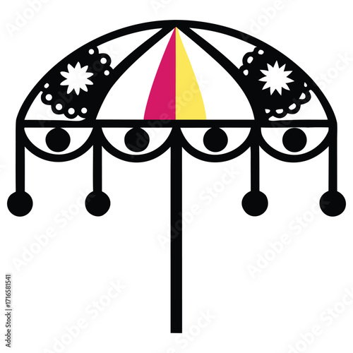 Black decorative umbrella with pink and yellow accents