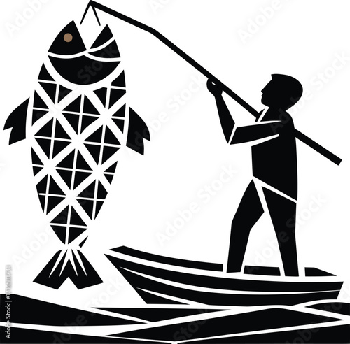 Stylized fisherman in a boat catches a large fish with geometric patterns on its body fishing catching