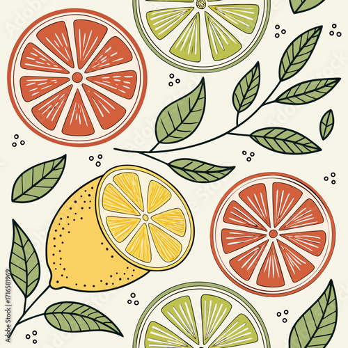 Colorful citrus fruit pattern with lemons, oranges, limes and leaves