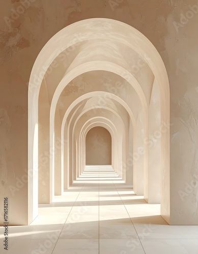 Beige arched hallway, minimalist