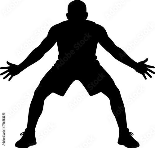 Basketball defender crouched arms wide, ready to block, front view, solid black silhouette