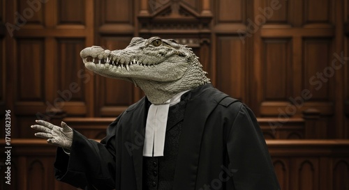 Crocodile wearing lawyer's robe and speaking in courtroom setting - Concept of animals in Victorian clothing  