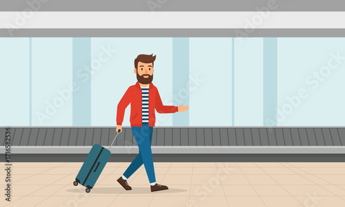 Bearded Man at Airport with Suitcase Ready for Travel Adventure and Exploration with Open Handed Gesture Representing Invitation or Direction