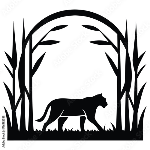 Black silhouette of a panther walking through tall grass under an arch