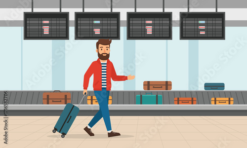 Man Arriving at Airport Baggage Claim with Suitcase Searching for Luggage on Conveyor Belt after Flight Departure Making Gesture of Inquiry with Travel Information Boards in Background
