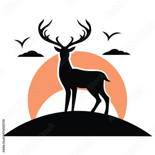 Black silhouette of a stag on a hill against a peach sun