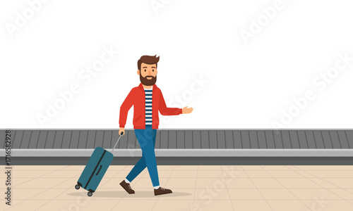 Man Walking with Suitcase at Airport Conveyor Belt ready to Travel representing modern lifestyle and travel industry concepts for designs illustrating travel destinations and passenger journey