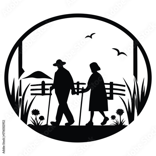 Elderly couple walking with canes in a park scene nature