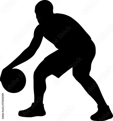 Basketball player dribbling ball across body in crossover move, low stance, side profile silhouette