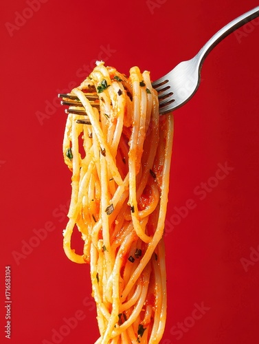Delicious spaghetti twirled on a fork with vibrant red sauce and fresh herbs against a bright red background captures a culinary indulgence