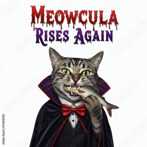 A comical horror movie poster parody featuring a vampire cat dressed in a suit with a cape, holding a fish in its mouth
