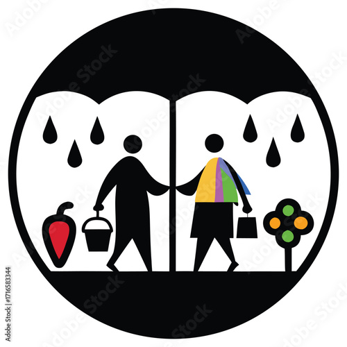 Two people under umbrella with rain and produce couple