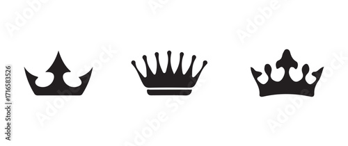 Crown icon set, set of three  silhouettes of crowns isolated, classic king and queen emblems, royal crown symbol collection,  vector illustration EPS 10.