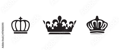 Crown icon set, set of three  silhouettes of crowns isolated, classic king and queen emblems, royal crown symbol collection,  vector illustration EPS 10.