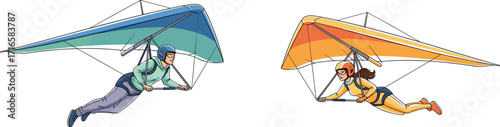 Hang gliding adventure, two people flying gliders, extreme aerial sport, colorful wings, outdoor recreation, freedom, adrenaline, sky activity, summer travel