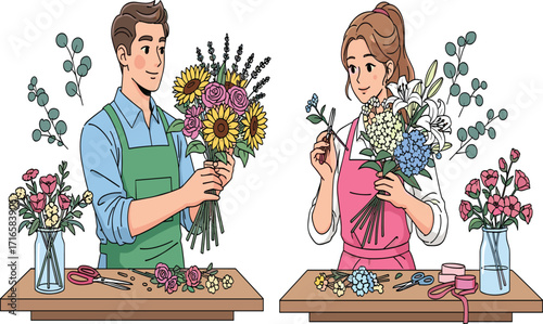 Flower arranging, floral design, bouquet making, creative workspace, florist tools, sunflowers, lilies, hydrangeas, teamwork, craft, DIY, roses, scissors, ribbon, lavender, pink apron, green apron,