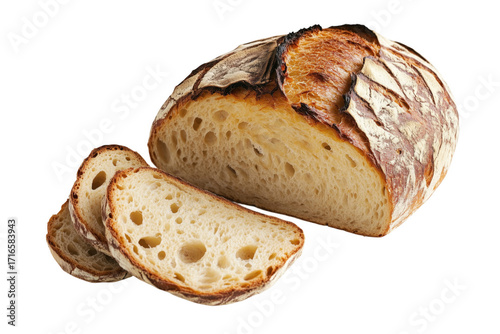 Artisan sourdough bread loaf with sliced pieces on a simple transparent background
