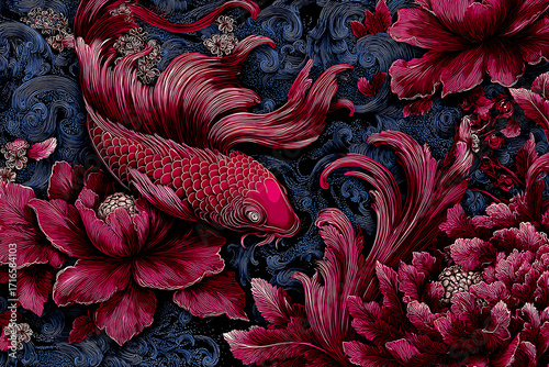 Detailed ornamental illustration of a koi fish swimming among large blooming flowers and swirling water patterns.