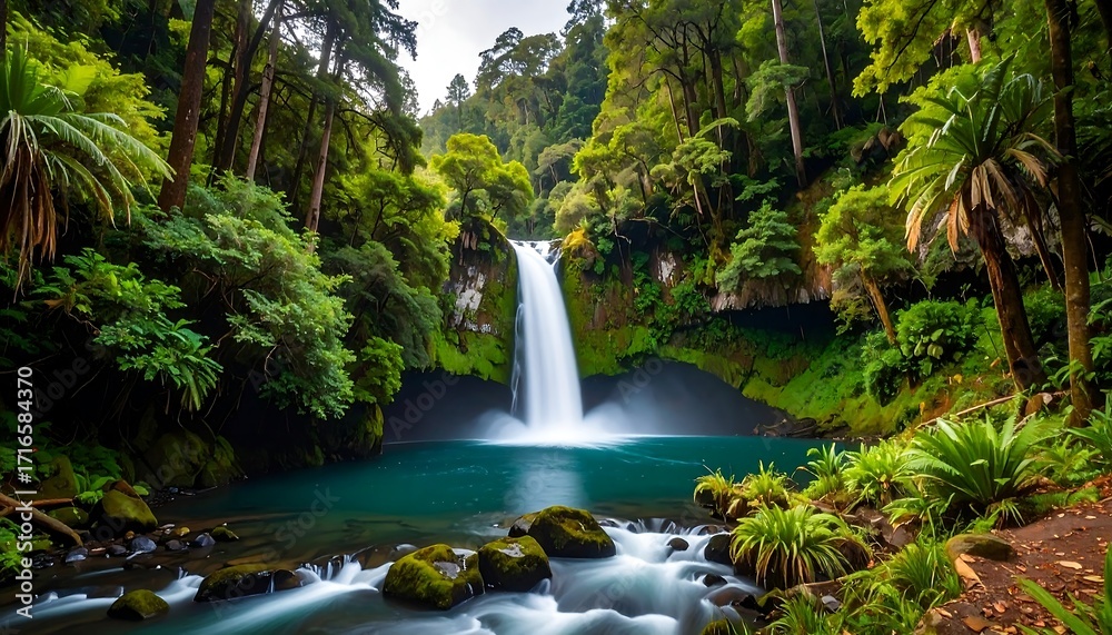 Naklejka premium Lush waterfall in a vibrant forest