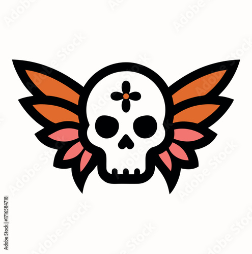 Gothic skull with elaborate wings illustration