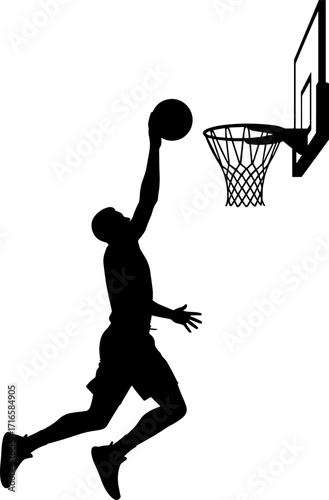Basketball player leaping high for slam dunk, arm extended holding ball silhouette