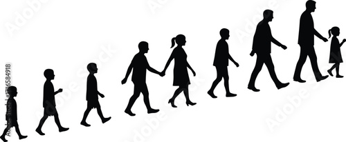 Human growth silhouette sequence, black and white illustration, child to adult development stages, life progression concept, age diversity, white background
