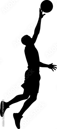 Basketball player leaping high for slam dunk, arm extended holding ball silhouette