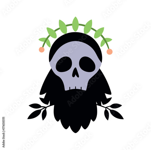 Dark illustration of a skull with a raven perched on top